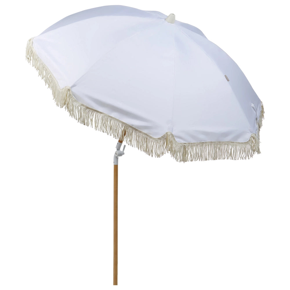 Ombrellone giardino tessuto bianco palo in legno faggio 150 cm Ombrellone esterno rotondo giardino retrò inclinabile resistente ai raggi UV