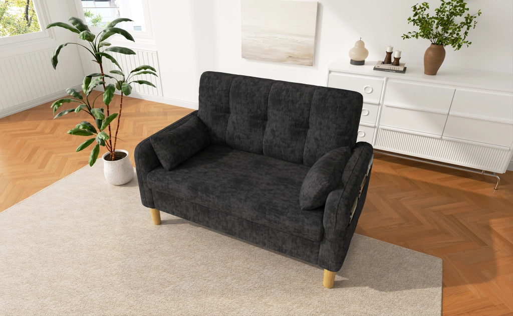 Divano 2 posti compatto 119x78x85 cm in ciniglia grigia con 2 cuscini e tasca laterale