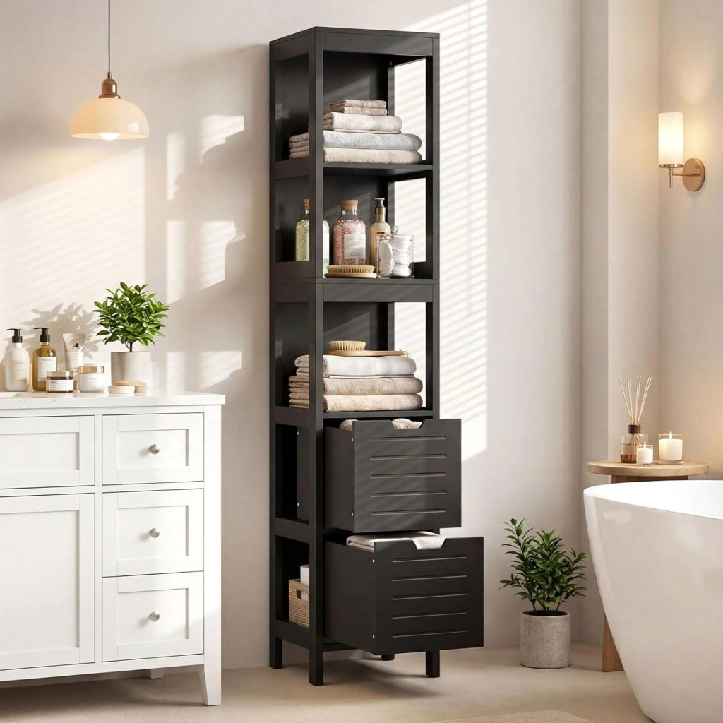 Mobiletto Alto e Stretto Salvaspazio, Mobile da Bagno con 2 Cassetti e 3 Ripiani, Mobiletto in Legno per Camera da Letto, Soggiorno e Ingresso, 30,5 x 30,5 x 145 cm (Nero)