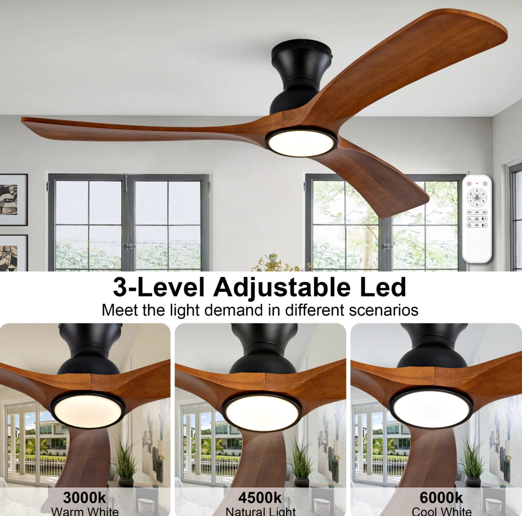 Ventilatore da soffitto con luce LED; 52 pollici; 3 pale in legno noce scuro; nero