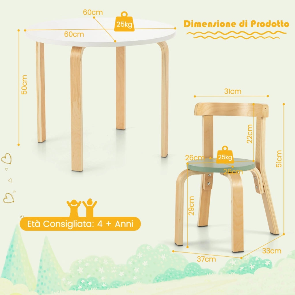 Set tavolo e sedie per bambini da 5 pezzi con schienale curvo in legno, Tavolo attivit¨¤ con 4 sedie Colorato-Tavoli e sedie