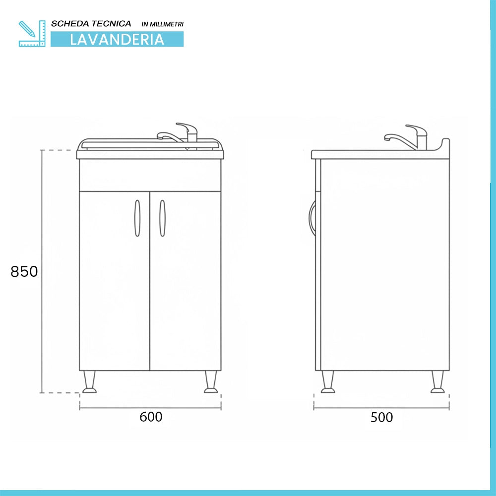Mobile lavatoio 60 x 50 in legno con asse e kit di scarico incluso Fedra