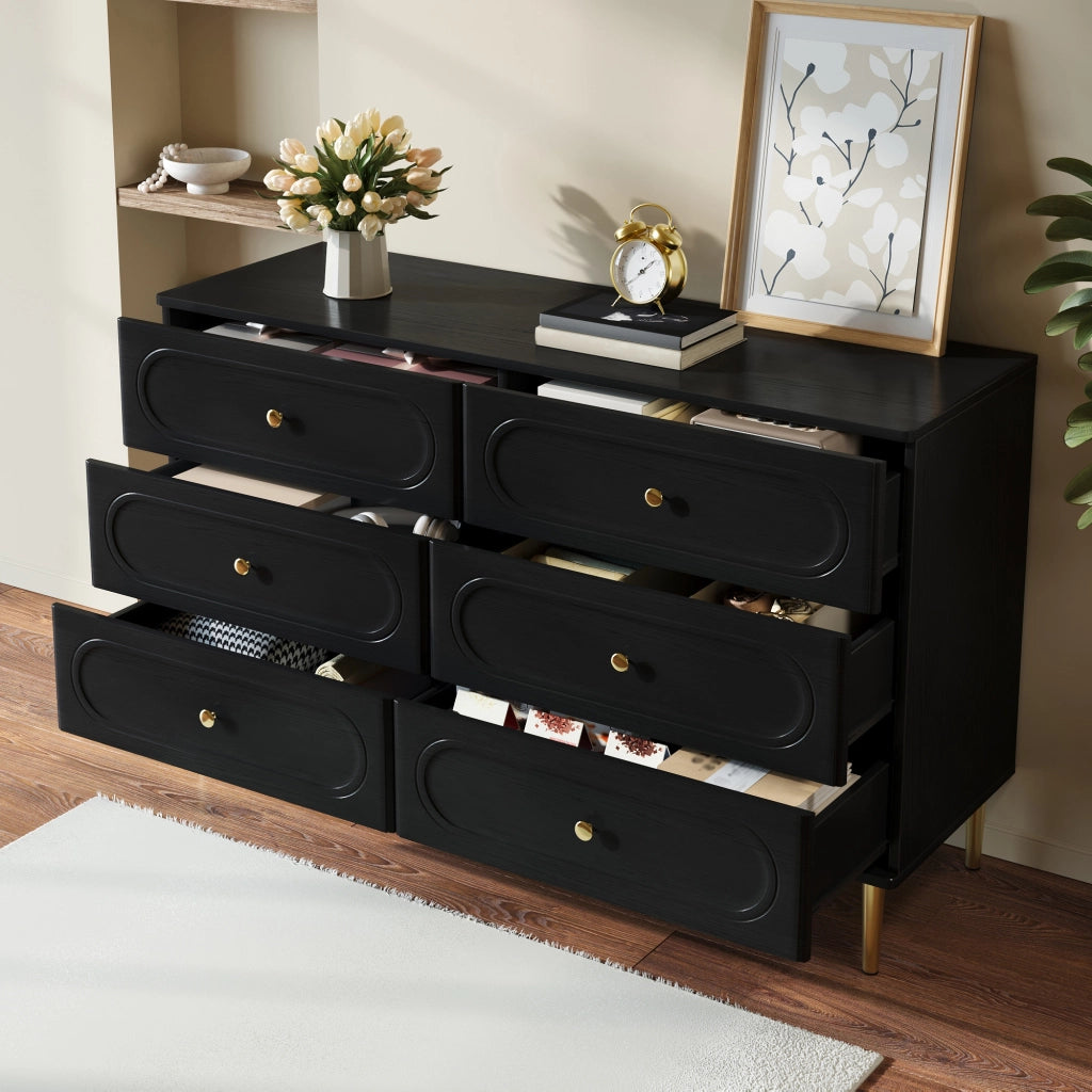 Credenza con 6 cassetti e piedi in metallo per soggiorno e ingresso, design con incisioni ovali, nero, 120 × 40 × 75 cm