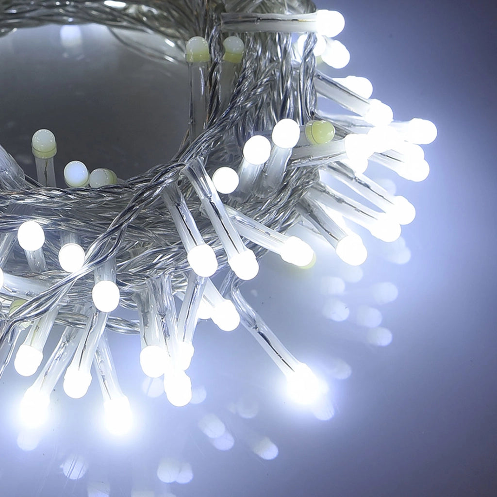CATENA LUMINOSA DI NATALE A LED DA 300 LUCI BIANCHE FREDDE CAVO TRASPARENTE - TRASFORMATORE A BASSA TENSIONE PER INTERNI ED ESTERNI