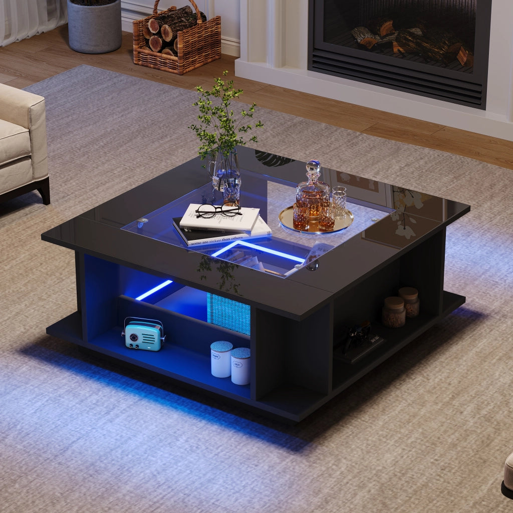 Tavolino da salotto quadrato 70x70x30 cm con piano in vetro, finitura lucida nera, LED e vano contenitore