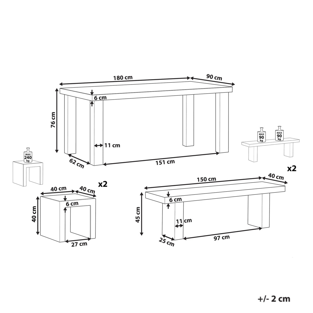 Set da pranzo da giardino Tavolo rettangolare in cemento grigio 2 panche 2 sgabelli 6 posti resistente all'acqua