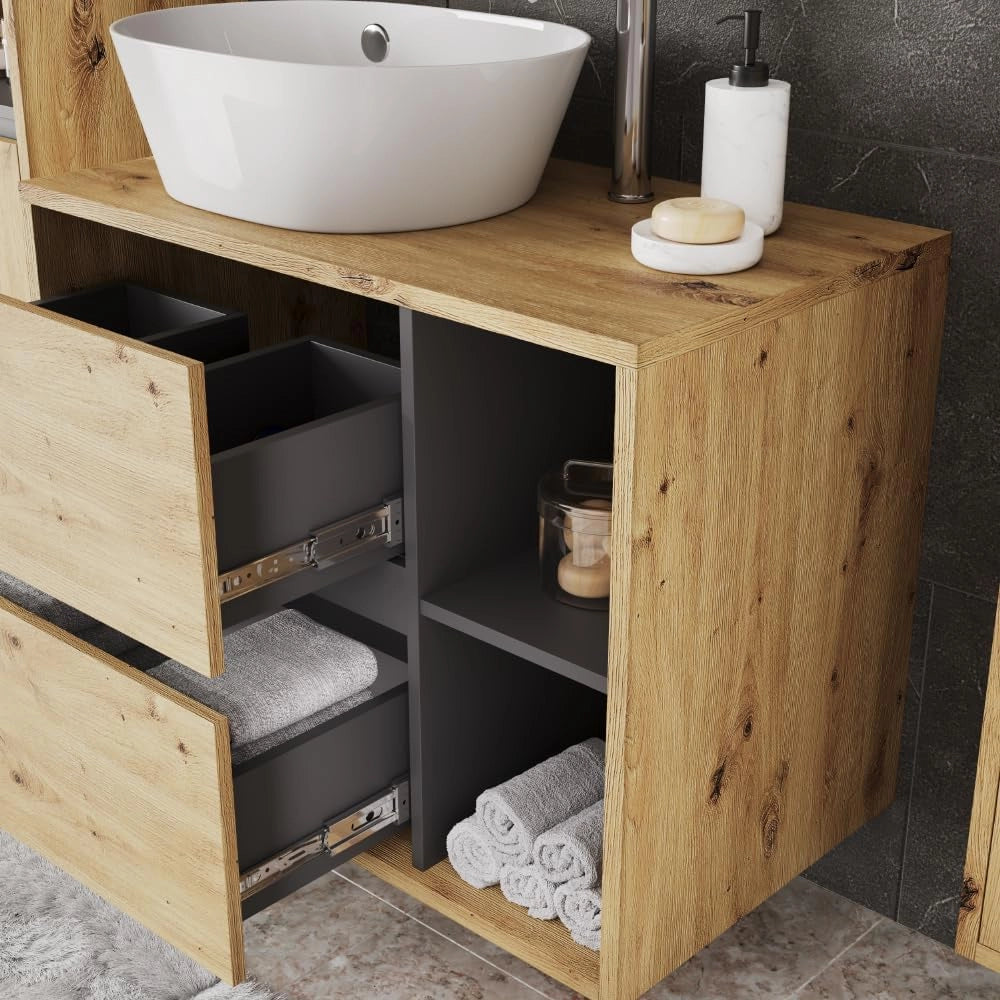 Mobile sottolavabo per bagno Viola, Artigiano/grigio, 80 x 60 cm con 2 cassetti
