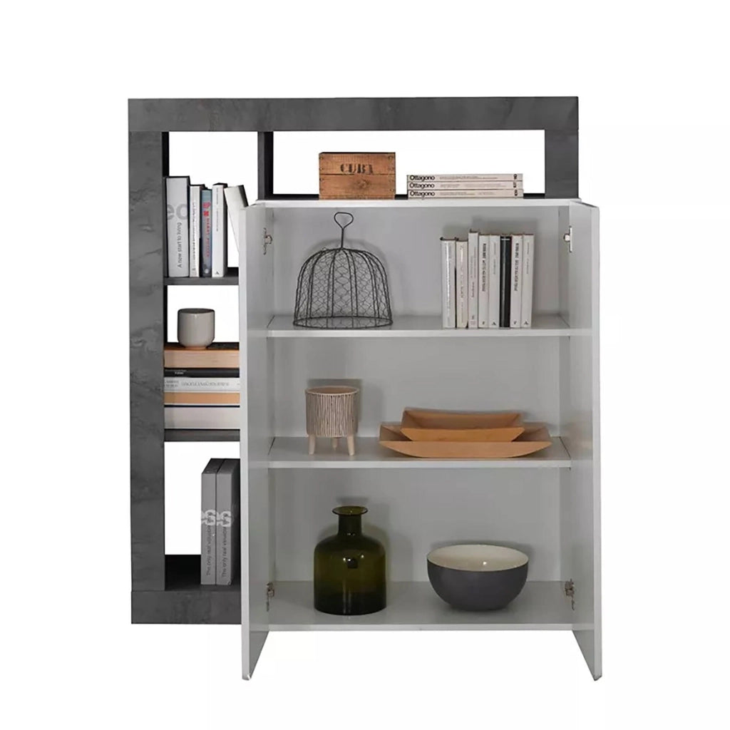 Credenza Smeraldo, Buffet da soggiorno, Madia da salotto, Dispensa da cucina, Made in Italy, 108x42 h127 cm, Bianco lucido e Ardesia