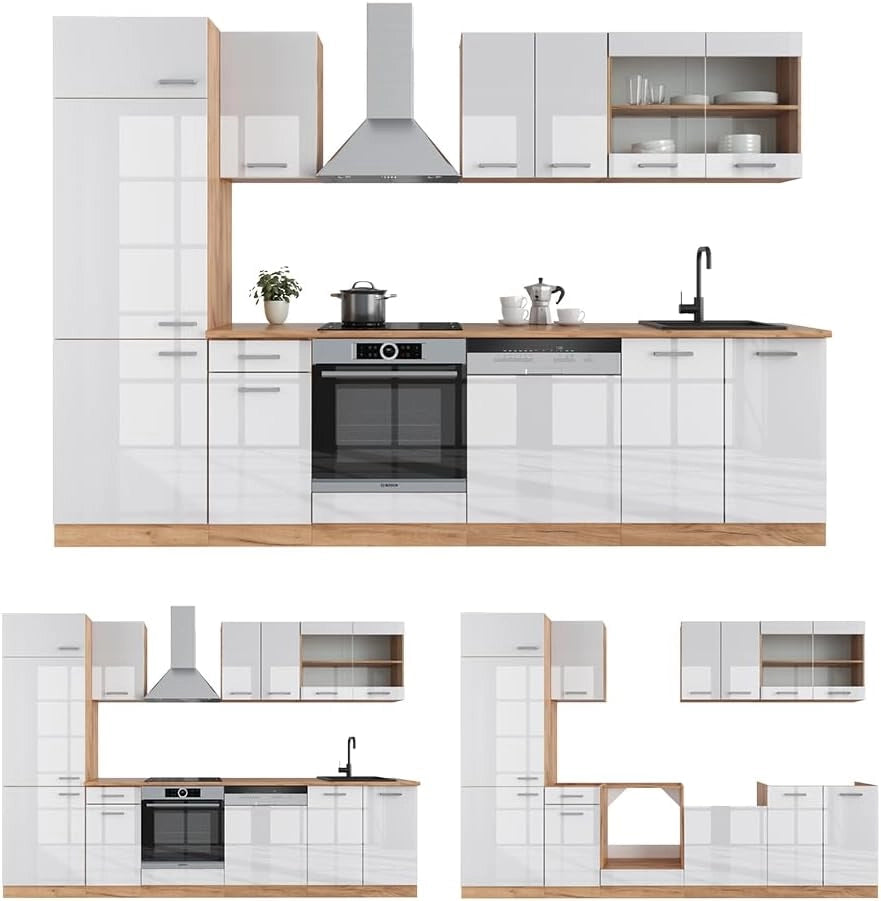 Cucina componibile R-Line, Bianco lucido/oro power oak, 300 cm senza piano di lavoro, per disposizione flessibile ed espansione con moduli aggiuntivi