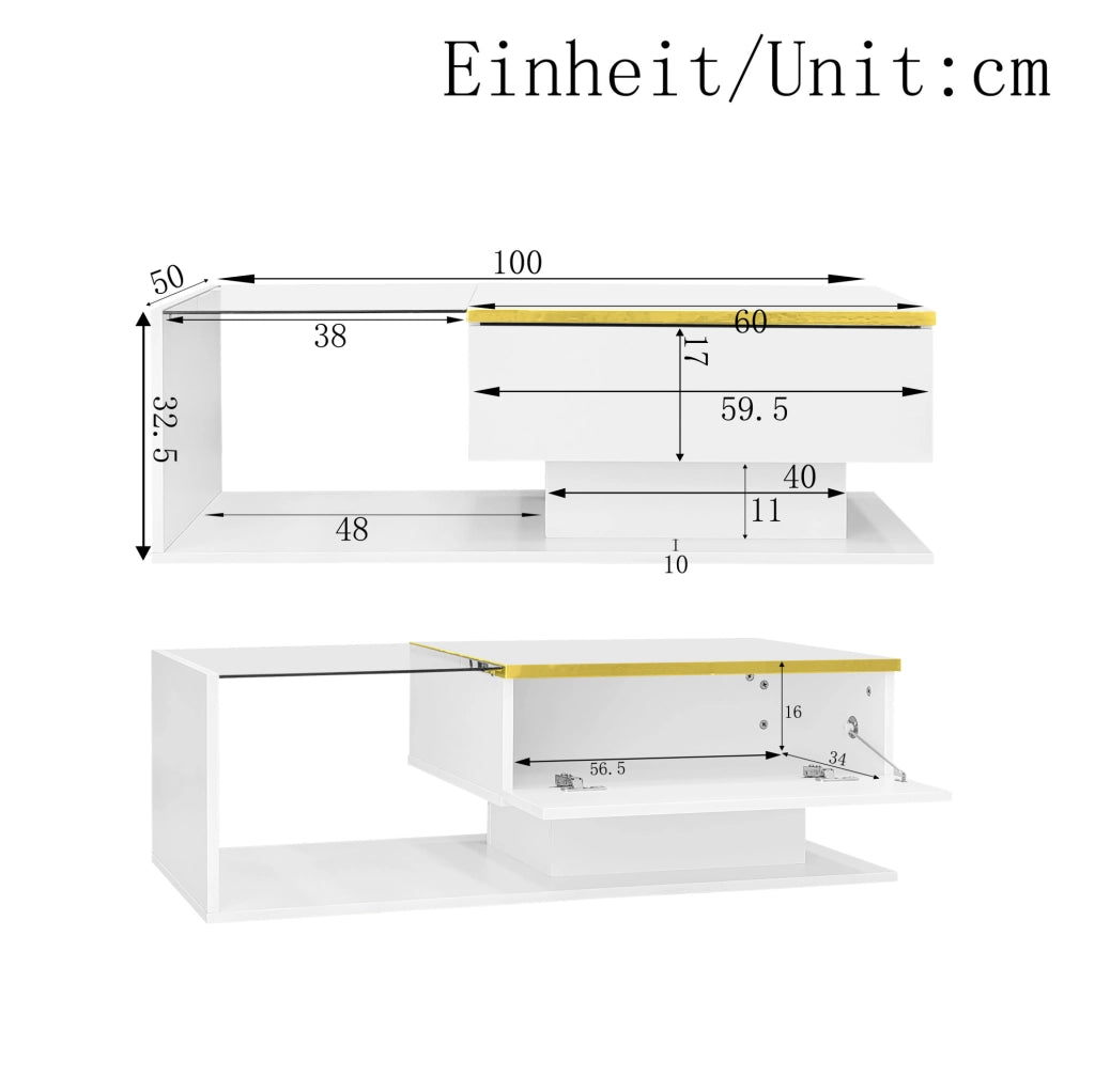 Tavolino da caffè moderno 100x50 cm in pannello truciolare bianco lucido con vetro e LED