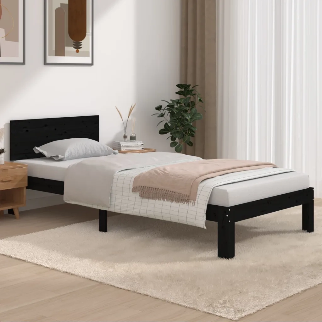 Letto singolo | Letto per adulti | Giroletto Nero in Legno Massello di Pino 90x200 cm