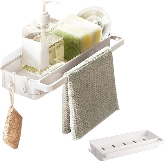 Organizzatore per lavandino con scarico rimovibile e pareti divisorie - Installazione con supporto a spugna - Portaoggetti per lavandino (bianco) supporto a spugna lavandino magnetico