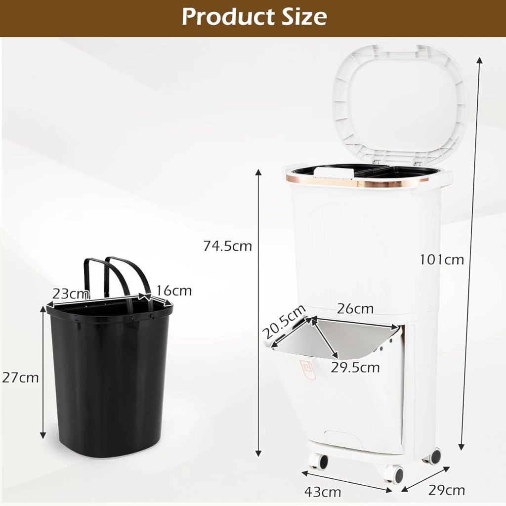 Pattumiera da cucina a 3 scomparti, 38 l, pattumiera con ruote, pattumiera a pedale con coperchio, pedale e manico, a doppio piano, in plastica, sistema di raccolta differenziata della