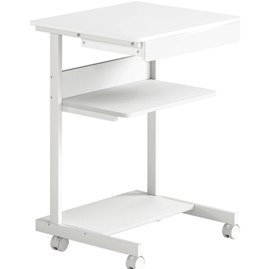 Scrivania per computer bianca con ruote, 56x51x79 cm, con cassetto, ripiano e supporto CPU per ufficio e home office