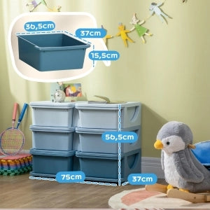 Cassettiera contenitore in plastica con 6 cassetti, organizer giochi per cameretta, blu