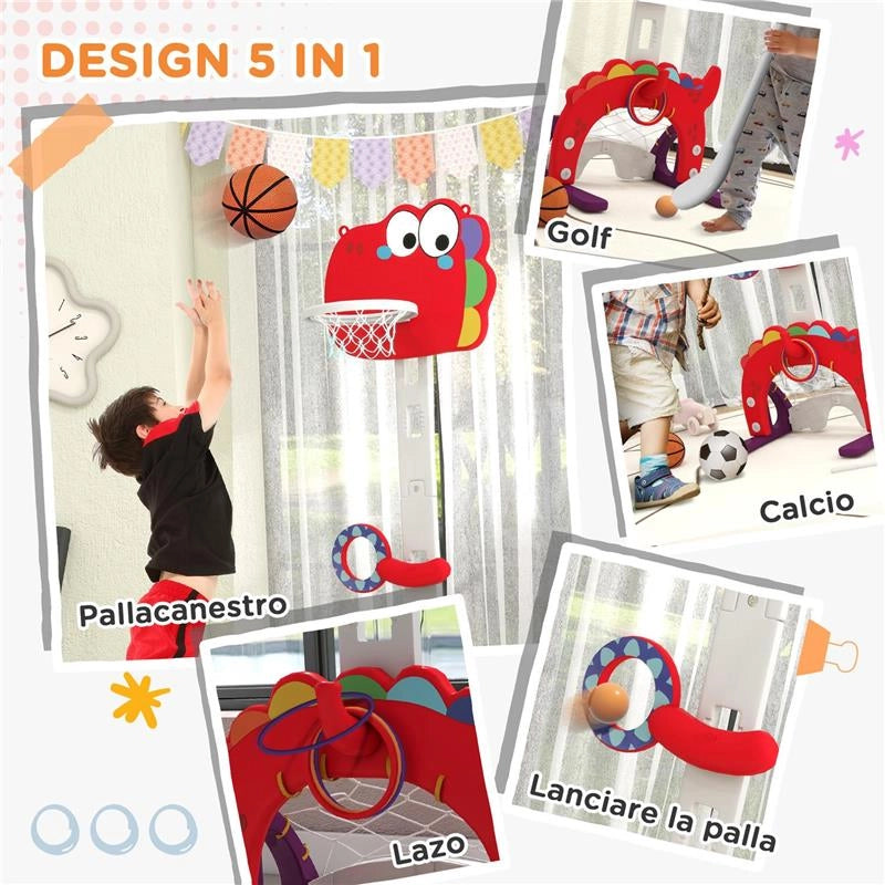 CANESTRO BASKET PER BAMBINI 5 IN 1 CON ALTEZZA REGOLABILE, PORTA DA CALCIO E GOLF, ETÓ 3-6 ANNI, ROSSO