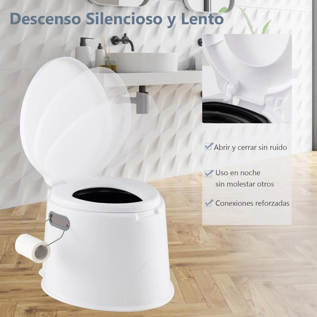 WC Portatile 5L, 49 X 41 X 34 CM, Toilette con Coperchio Anti-Odore, Secchio Interno Rimovibile, Portarotolo per Carta Igienica, Carico 200 kg, per Campeggio, Viaggi, Escursioni