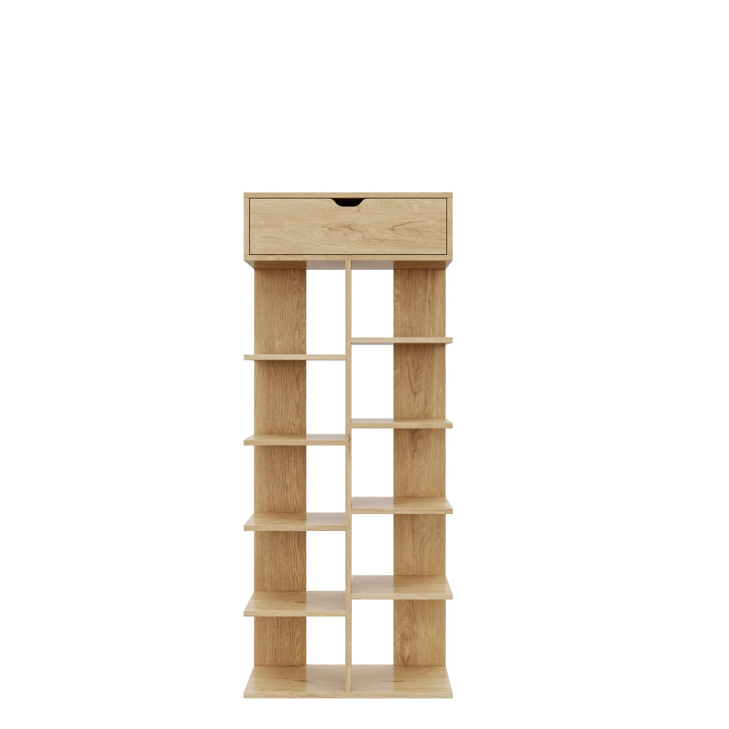 Scarpiera moderna multifunzione con cassetto e ripiani aperti, colore naturale, 55x33x133 cm