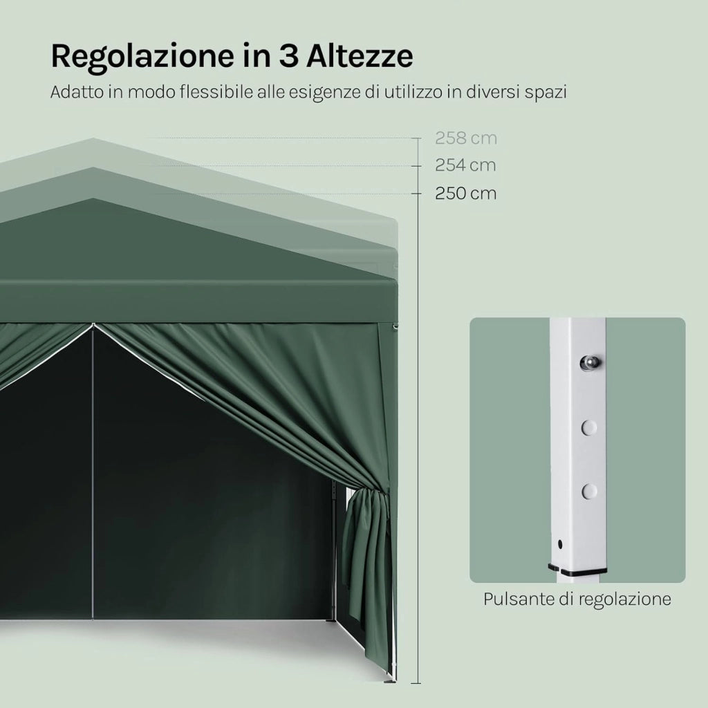 Gazebo da Giardino Richiudibile 3x3m Gazebo da Esterno Ferro Regolabile in Altezza Tendone Pieghevole con Telo Idrorepellente, Protezione Solare, Facile Montare Verde