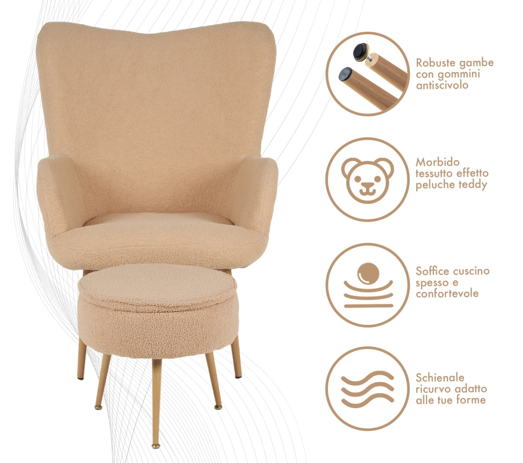 Poltrona Imbottita Ergonomica Con Schienale E Braccioli Con Poggiapiedi Contenitore Camera Da Letto Salotto Moderna Pouf Sedia Effetto Teddy Morbida - Biscotto