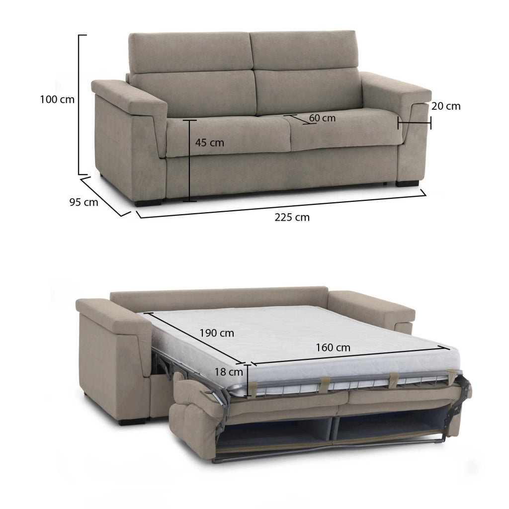Benedetto, Divano Letto 3 Posti Sfoderabile Made in Italy, 225x95 cm Grigio Tortora