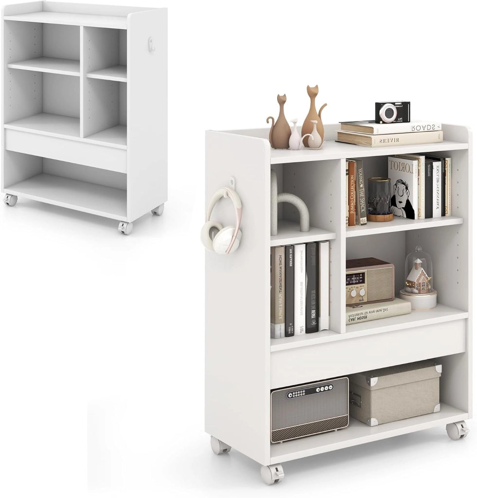 Mobile Porta Stampante con Cassetto, Ganci, Protezione Bordo, Ripiani Regolabili, e Ruote Bloccabili, Schedario da Ufficio in Legno， Mobiletto da Archivio, 63,5 x 30 x 84,5 cm (Bianco)