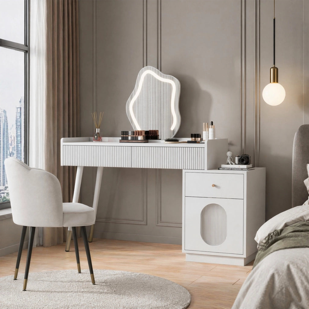 Tavolo da trucco con specchio LED e illuminazione, colore bianco, con due cassetti e mobile laterale, 100 x 75 x 40 cm