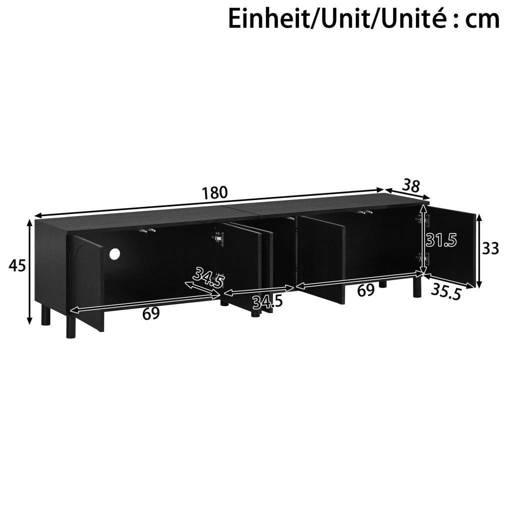 Mobile TV 180x38x45 cm con 5 ante e passacavi; in PB e MDF; nero