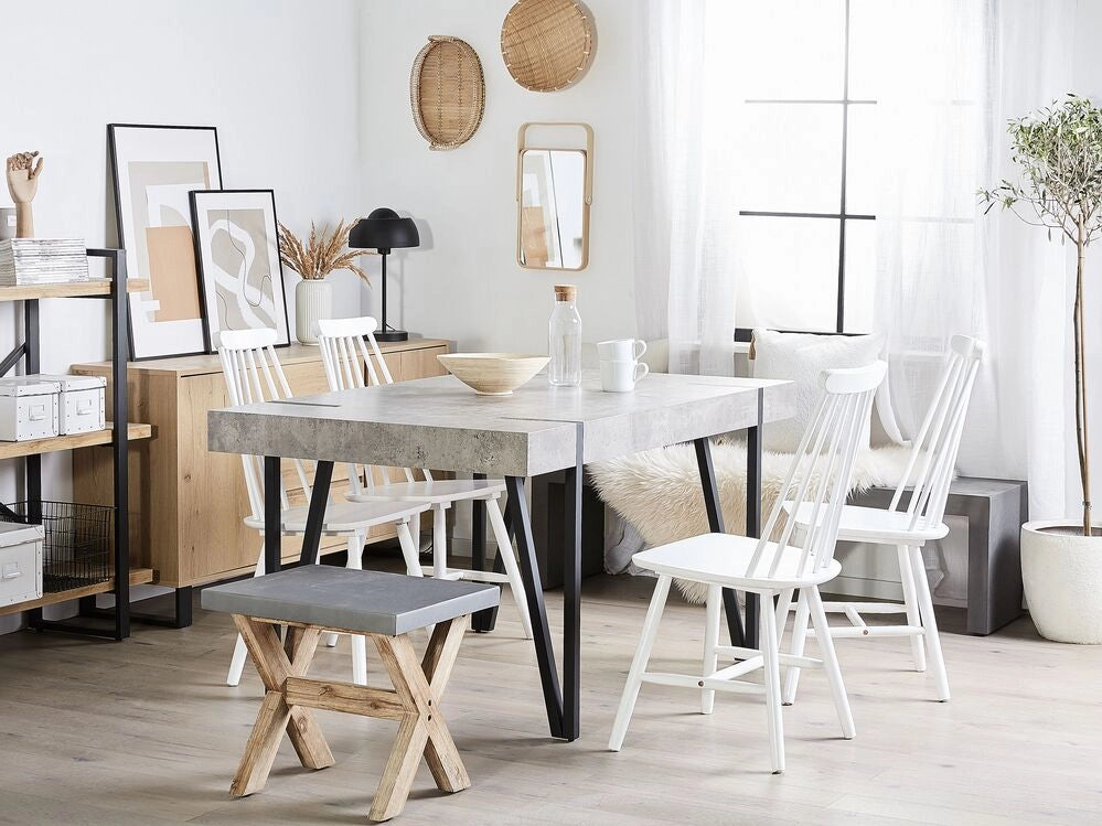 Tavolo da pranzo in MDF effetto cemento con gambe a forcella in metallo Nero 150 x 90 cm stile industriale rettangolare