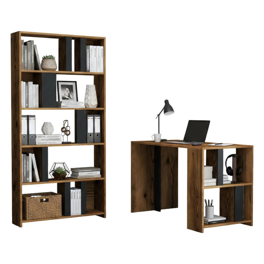 Scrivania Atene, Scrittoio multiuso, Tavolo per ufficio porta PC con libreria, 120x60h75 cm, Noce e Antracite