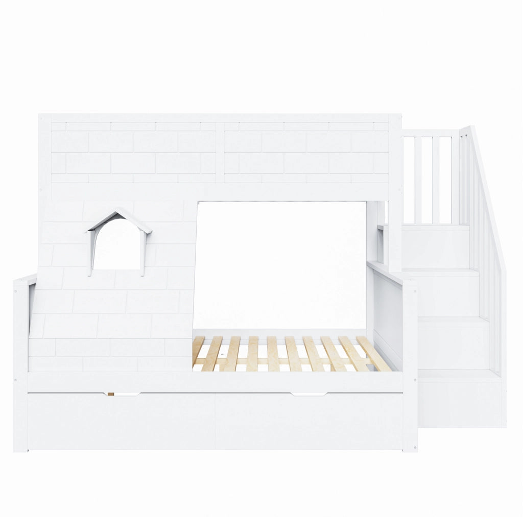 Letto a castello per bambini con scala contenitore e cassetti; 90x200/140x200 cm; bianco