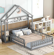 Letto per bambini a casetta 140x200 cm con comodino e sponda di sicurezza; grigio
