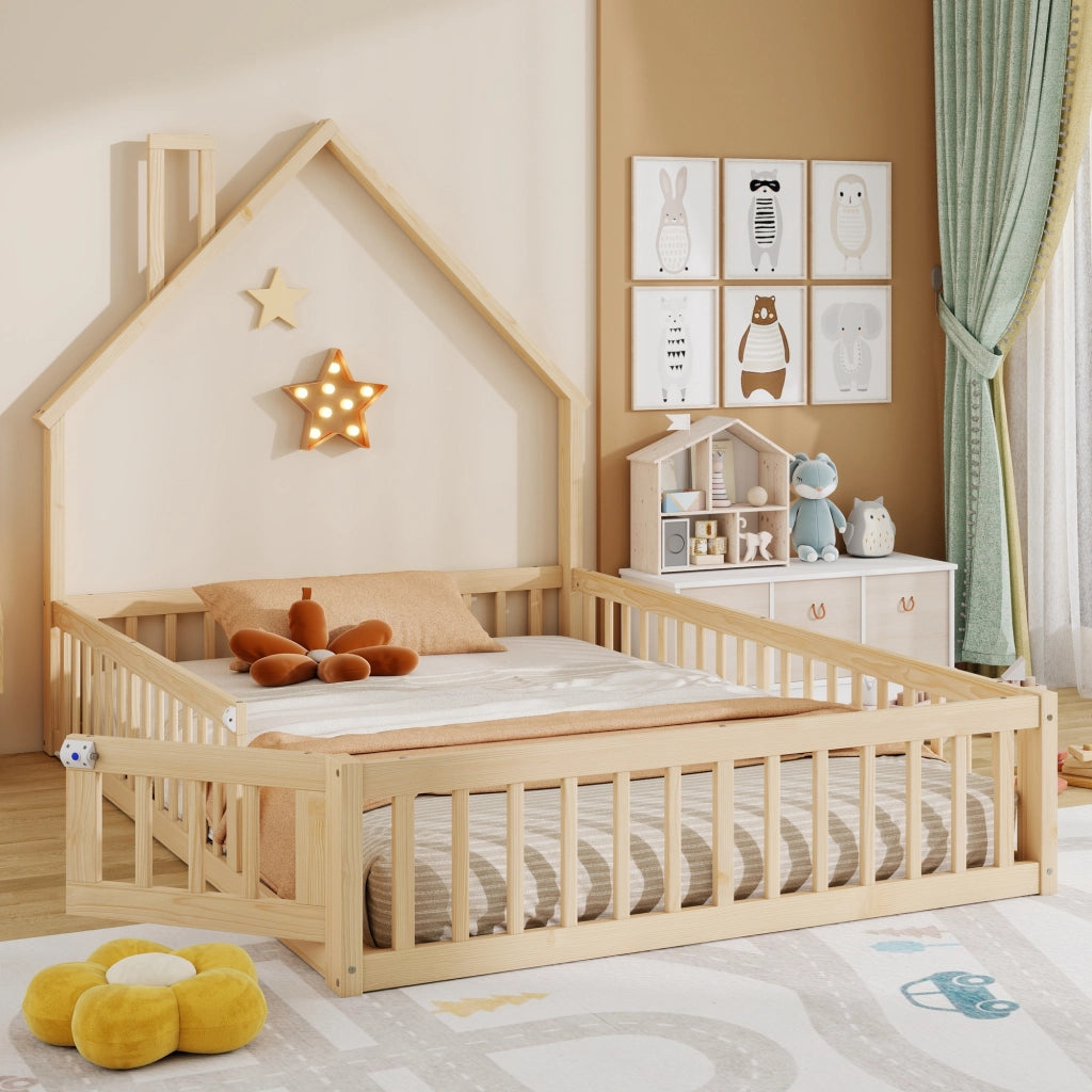 Letto Casetta per Bambini con Camino ¨C MINIMAL ¨C Pino Naturale 140x190 con Rete a Doghe