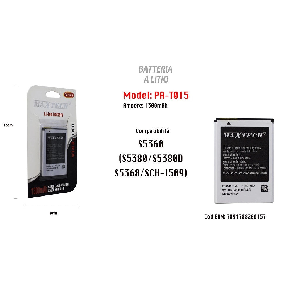 Trade Shop - Batteria Compatibile S5360 Cellulare Smartphone A Litio 1300mah Maxtech Pa-t015 -
