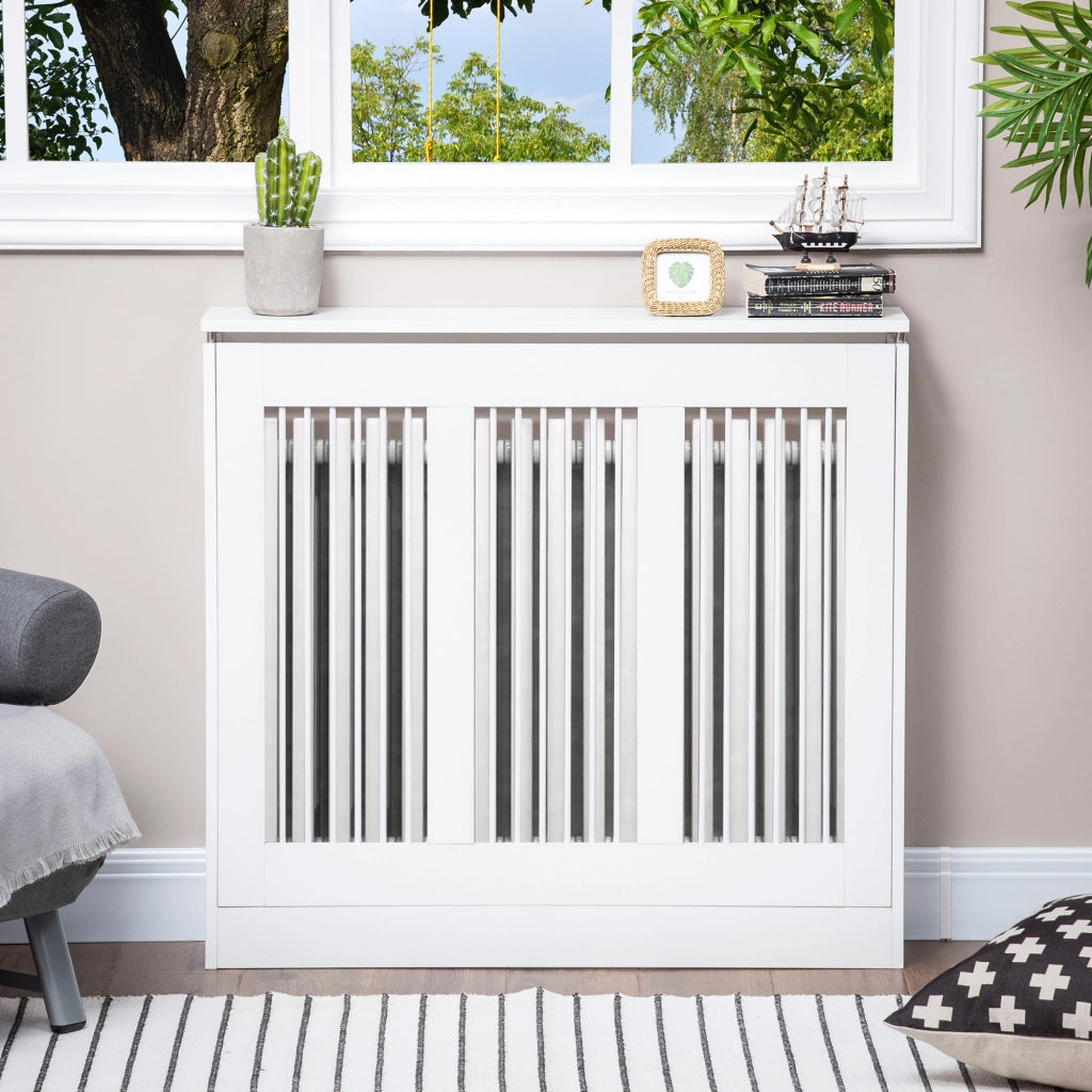 EasyComfort Copritermosifone a Doghe Moderno ed Elegante per la Casa, in MDF e Acciaio, 90x18x84cm, Bianco