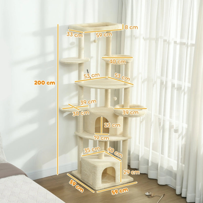 Albero tiragraffi per gatti 200 cm con 2 cucce, 2 rifugi, 5 piattaforme e amaca, Beige