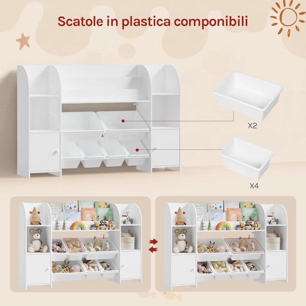 Libreria Montessoriana per Bambini, Scaffale con 2 Armadietti e 6 Contenitori Rimovibili in Plastica, per Cameretta e Soggiorno, in Legno, 135,8x29,8x90 cm, Bianco
