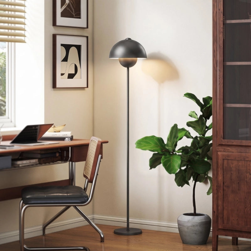 Lampada da terra, paralume rotondo, interruttore a pedale, cavo lungo, aspetto elegante, metallo, grigio