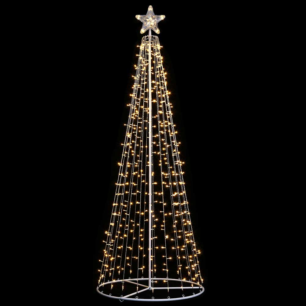 Albero Natale Luminoso 220cm 592 LED Bianco Caldo 8 Giochi Luce Metallo Esterno