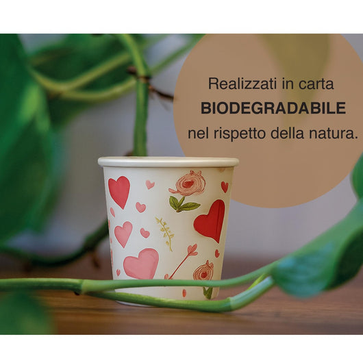 BIOVIRA Bicchierini Caffè 80 ml – 100 Pezzi in Carta Biodegradabile, Resistenti e Anti-Perdita, Perfetti per Espresso, Bar, Ufficio e Kit Caffè - Edizione San Valentino