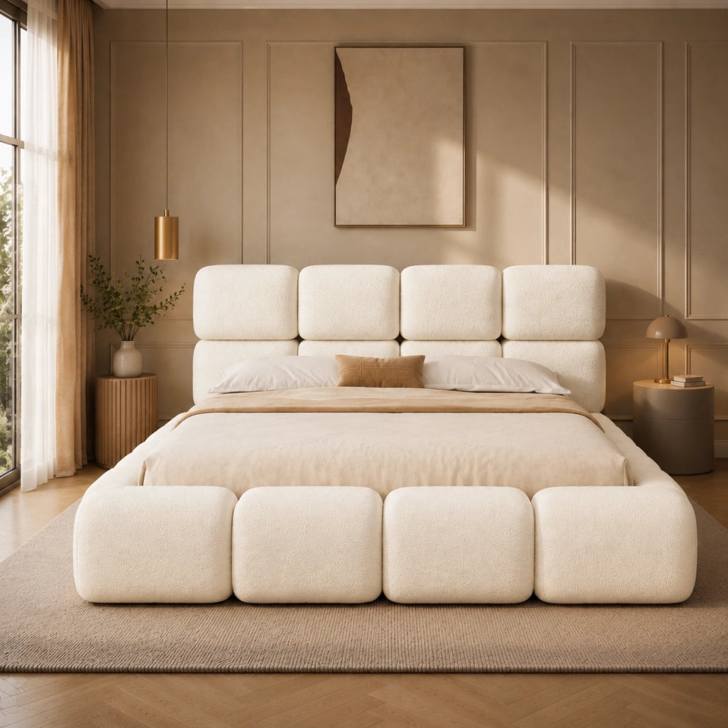 Letto matrimoniale contenitore 180x200 cm design nuvola bubble con testiera e rete a doghe; bouclé bianco