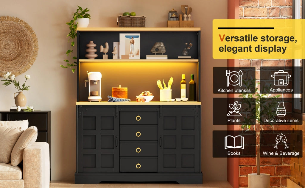 Credenza e madia con 2 ante scorrevoli, 4 cassetti e LED RGB, per cucina e sala da pranzo, nero, 120 × 40 × 150 cm