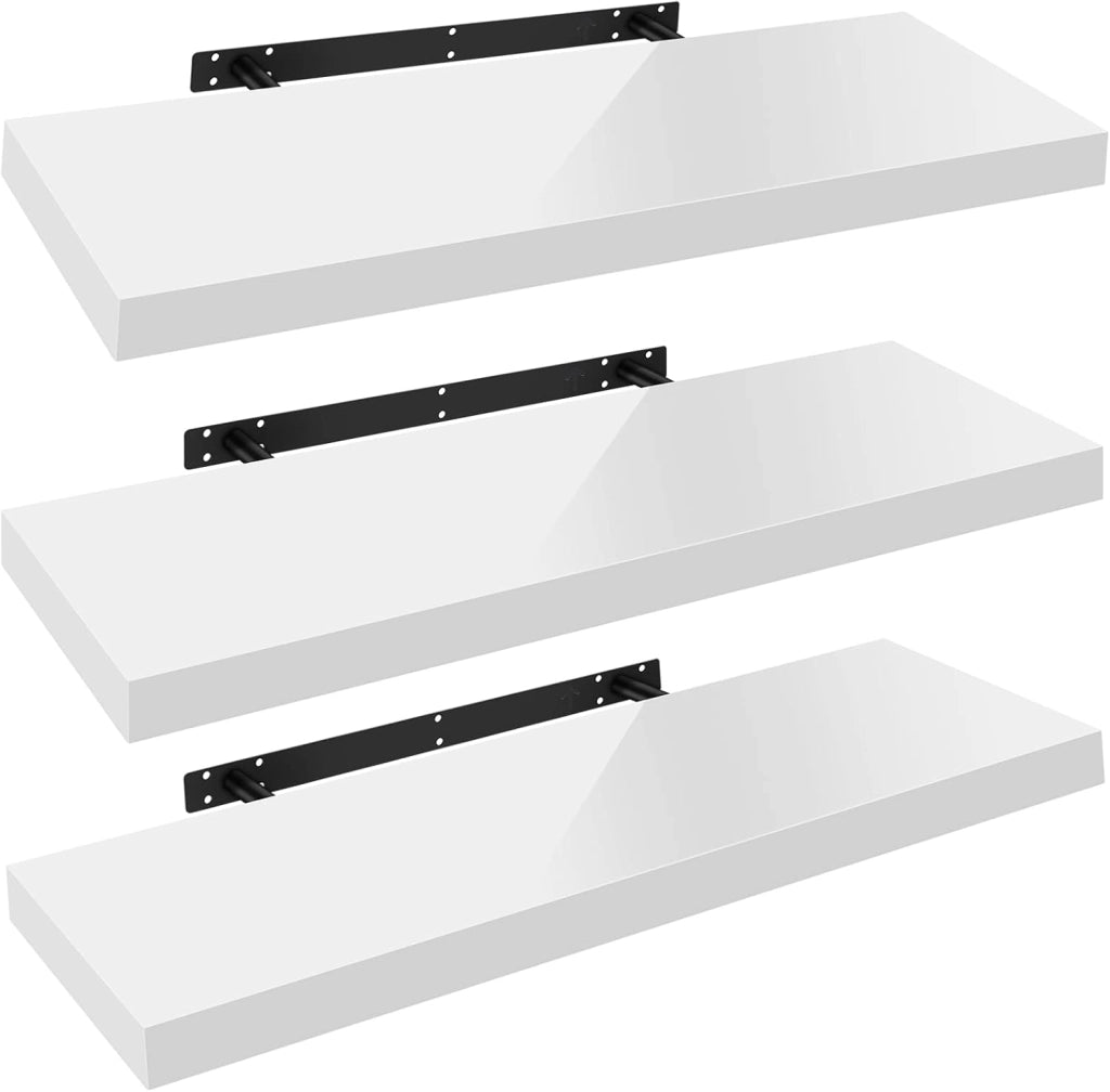 Mensola da Muro, Set di 3, Scaffale Sospeso da Parete Libreria Piccola per Soggiorno Cameretta Porta CD DVD, Pannello MDF 90x22,9x3,8cm, Bianco, RG9481ws-3