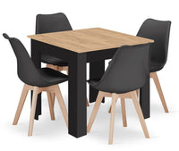 Set da tavolo artigianale VALORA con 4 sedie RIXK, gambe nere + gambe naturali NP