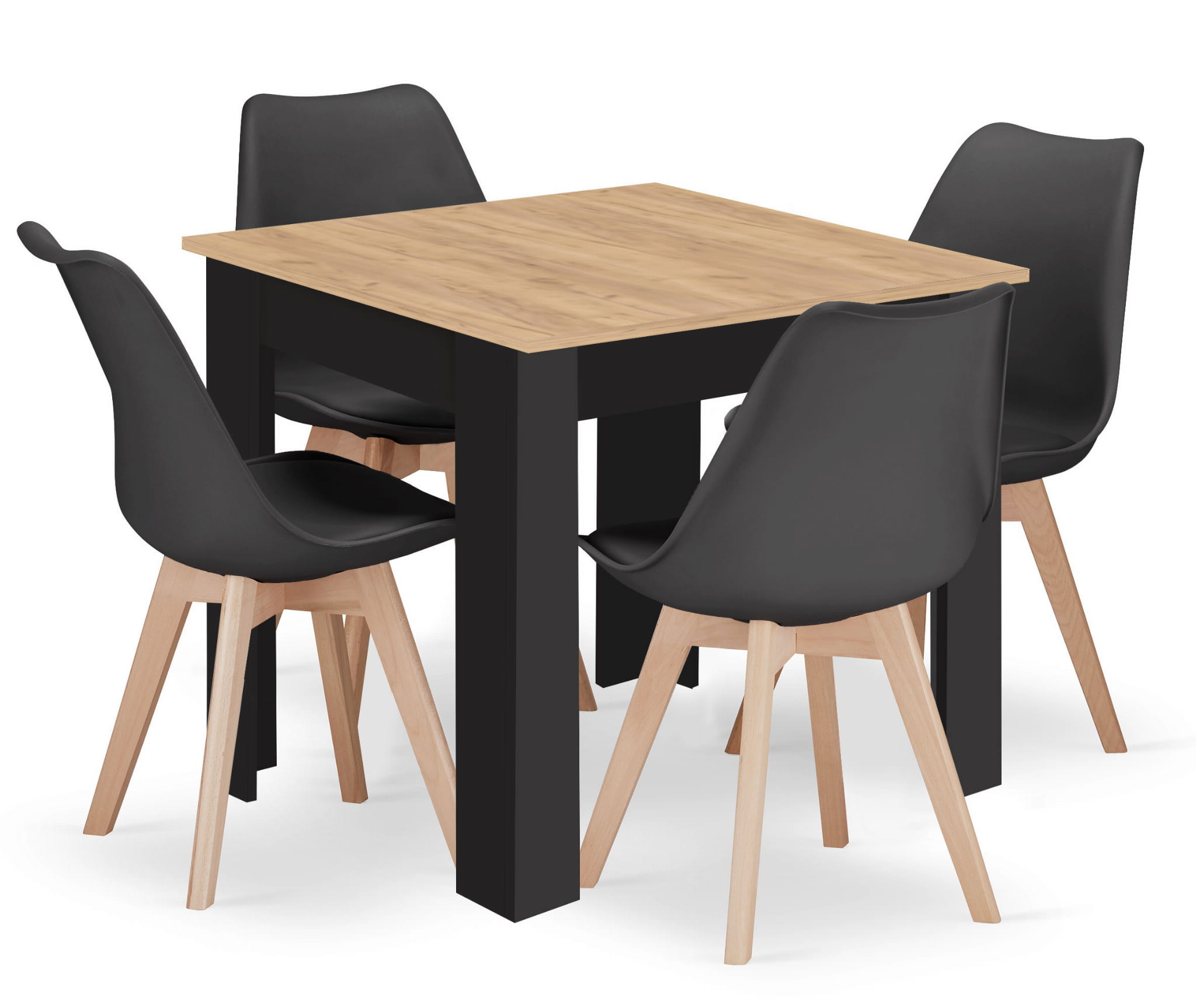 Set da tavolo artigianale VALORA con 4 sedie RIXK, gambe nere + gambe naturali NP