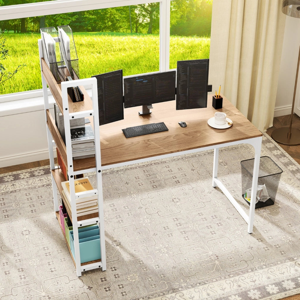 Scrivania per computer con ciabatta elettrica, Scrivania studio da 120 CM con mensola uscite AC Naturale & Bianco-Tavolini per laptop