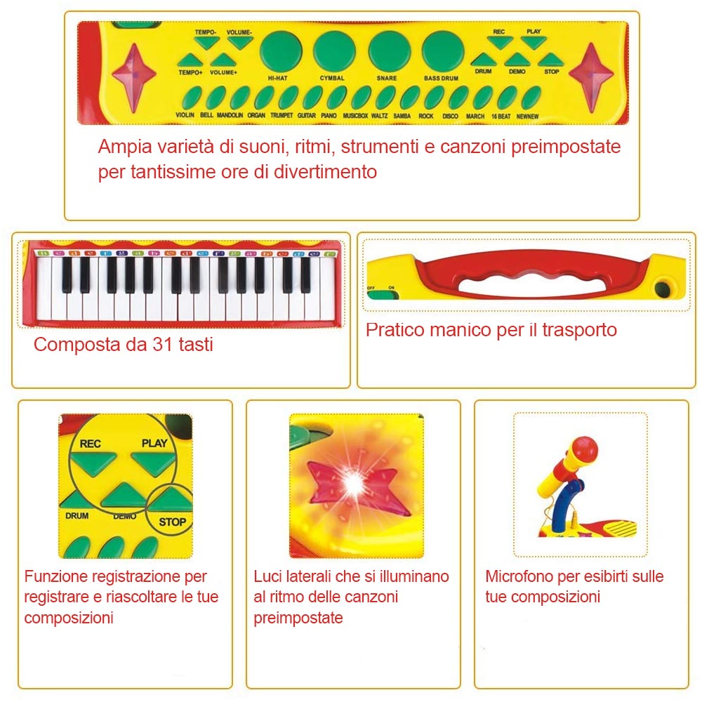 Pianola Giocattolo per Bambini Tastiera 31 Tasti Microfono Supporto e Sgabello