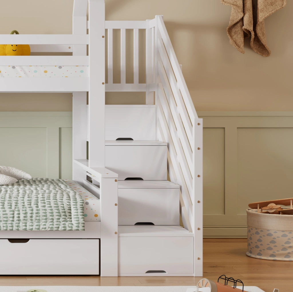 Letto a castello per bambini con scala contenitore e 2 cassetti bianco