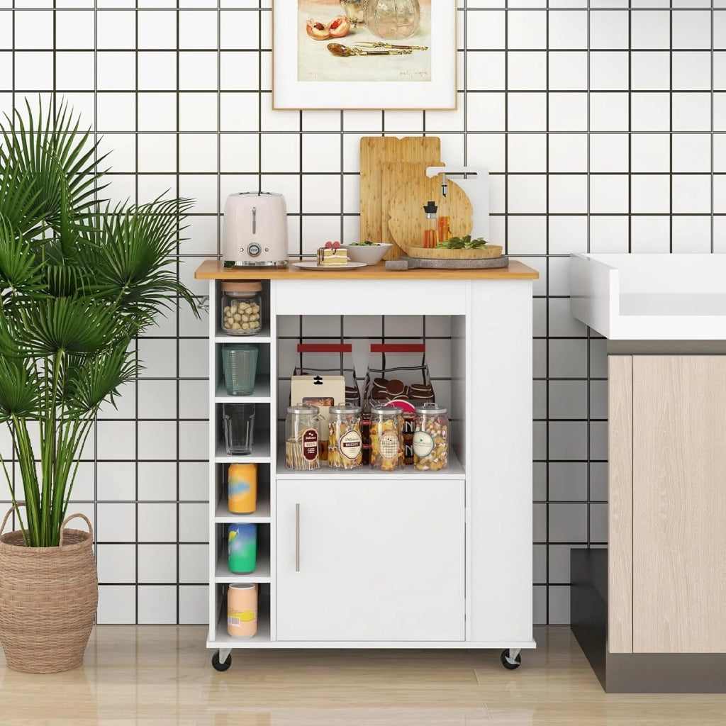 Carrello da cucina su rotelle, carrello da portata con piano di lavoro, isola da cucina mobile, in legno, con scaffale per vino e porta asciugamani e portaspezie, carrello da cucina bianco