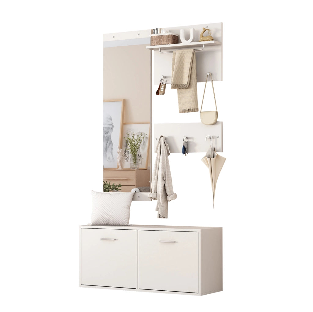 Set ingresso 4 pezzi con specchio; scarpiera a doppio livello 90x30x41;5 cm; bianco